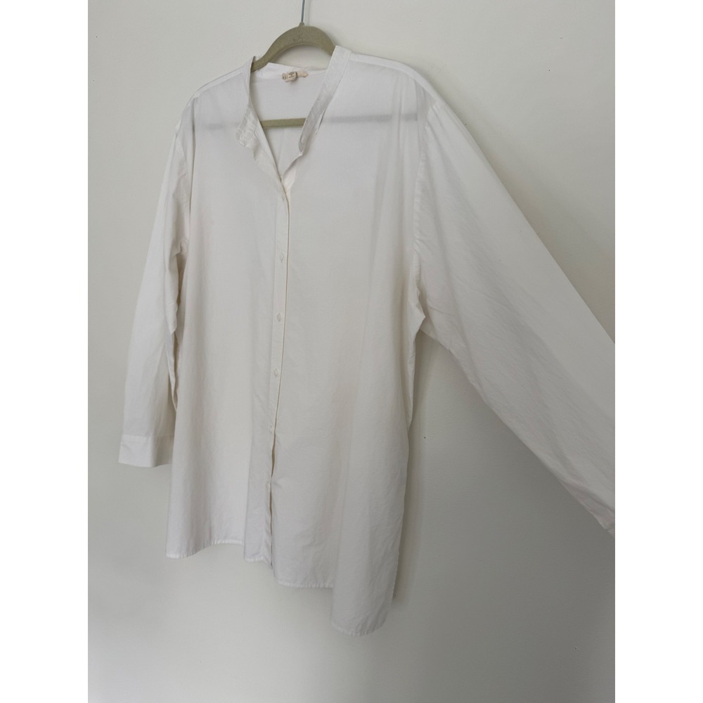 EILEEN FISHER Tunic 3X Organic Cotton Mandarin Shirt Button Up Long Sleeve White